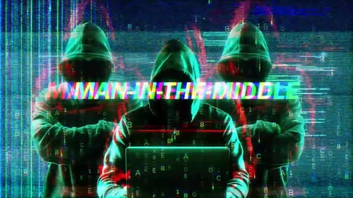 Man In The Middle sur un écran de piratage et une simulation de matrice de données avec écran Hud futuriste