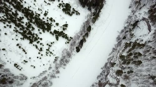 A Stunning Aerial View of a Snow Covered River Meandering Through a Dense Forest Area Stock Clip