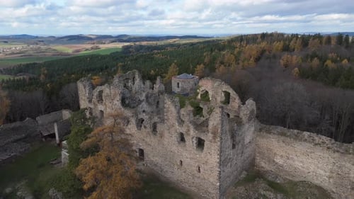 Aerial video above Helfenburk u Bavorova castle ruins aerial view in Czech Republic
