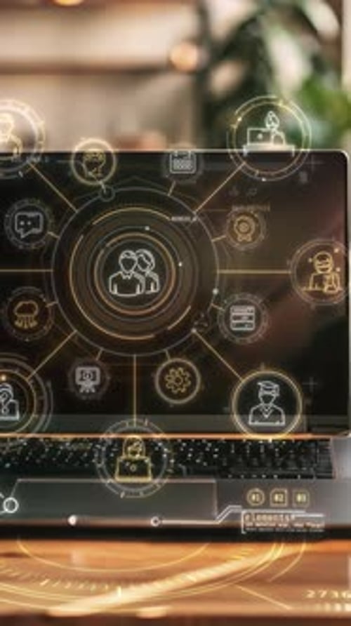 Laptop Showing Hologram of Social Network in Modern Office