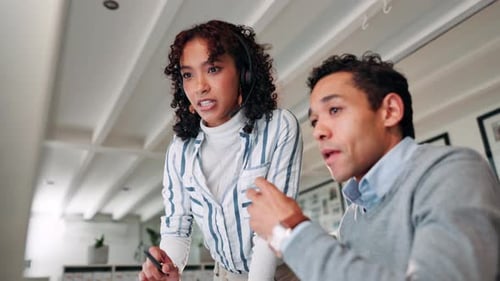 Call center, business people and mentor with computer for teamwork, conversation