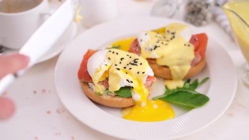 Tasty Benedict Egg Breakfast Salmon Fillet Sandwich with Cream Cheese and Poached Egg at Domestic