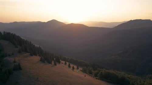 Carpathian Mountains at Golden Sunrise in Peaceful Autumn Nature, Aerial View