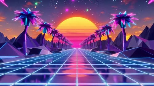 Synthwave Neon Grid Road und Palm Tree Sunset im Retrostil der 80er