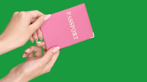 Hands Holding Pink Passport Over Green Screen