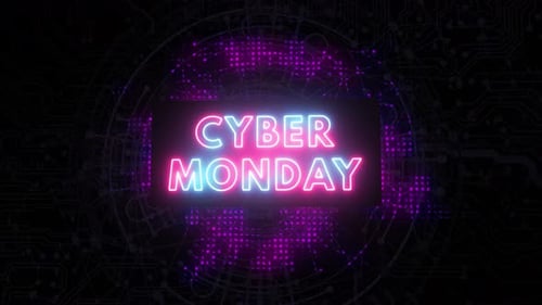 Cyber Monday Neonlichteffekt mit digitalem Schaltkreishintergrund