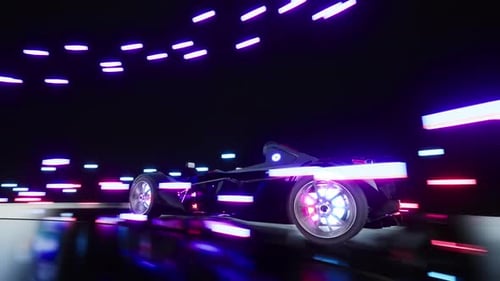 Speeding Sports Car On Neon Highway.