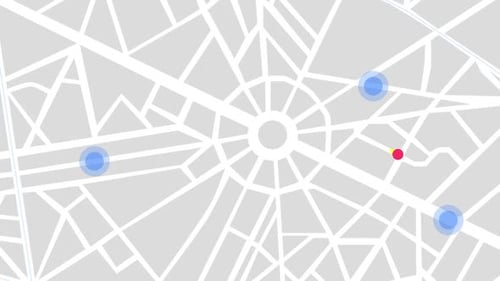 Animated Abstract City Map with Pulsing Blue Circles Indicating Moving Cars and a Small Red Pinpoint