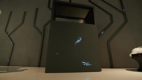 Black cube server with blue glowing network chain lights - Static shot