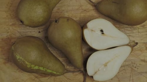 Fresh cut pears on a cutting board