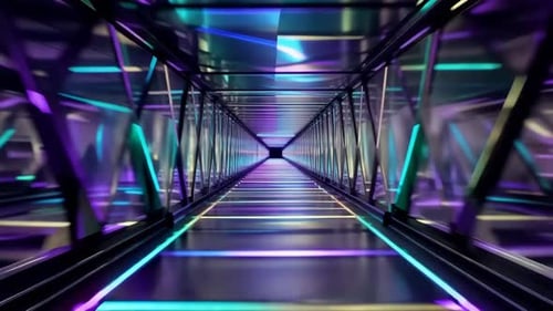 Glowing Neon Futuristic Tunnel with Glass Reflections
