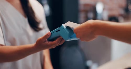 Person, hands and pos machine with credit card for payment, fintech or wireless transaction in shop