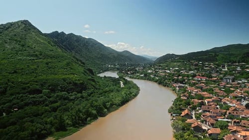 Mtkvari River Flowing Through Green Valley Near Tbilisi Georgia