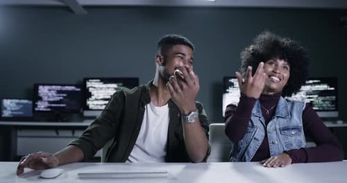 Software developer, virtual screen and people smile for HTML script, cybersecurity system