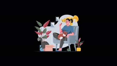 Modern Illustration of a Person Relaxing with Pets