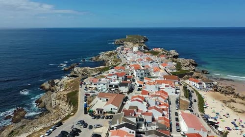 Aerial view of island Baleal naer Peniche on the shore of the ocean in west coast of Portugal. Balea