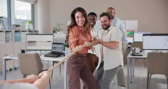 Happy people, rope or team building with game for competition, activity ...