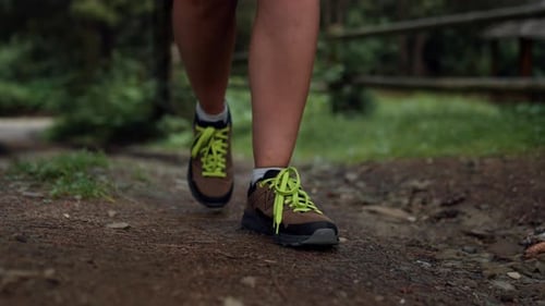 Hiking Movement Of The Legs Tourist In Bright Sneakers Walks Along Forest Road Steps In Sneakers