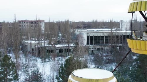 Ferris wheel in winter Pripyat city abandoned after Chernobyl disaster.