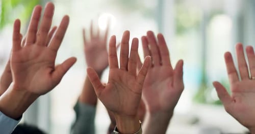 Raised hand, answer and crowd at office, meeting and gesture for questions