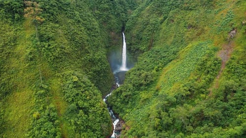 Tall waterfall cascades into a lush green canyon surrounded by dense rainforest
