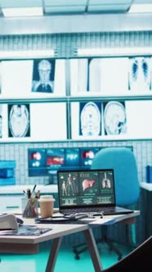 Vertical Video Empty Doctor Office Featuring Modern Medical Equipment and Drugs