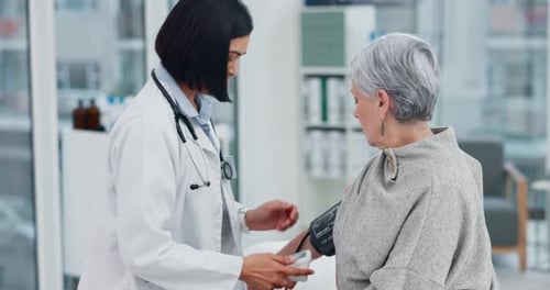 Senior woman, blood pressure and doctor for healthcare service, hospital office support