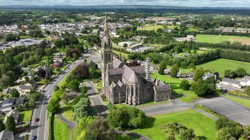St. Cathedral, County Monaghan, Ireland, September 2022. Drone orbits clockwise while pushing toward