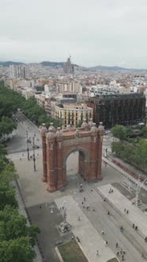 Aerial view of Arc de Triomf with Promenade Passeig de Lluís Companys in Barcelona Spain
