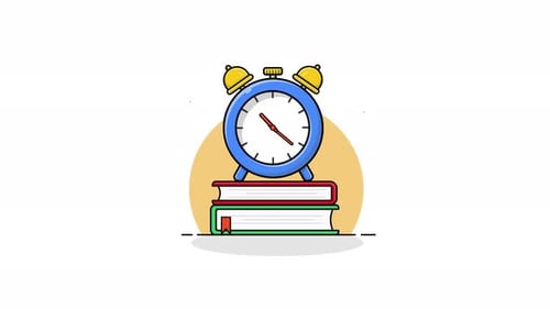 Flat Design Alarm Clock on Stack of Books Animation