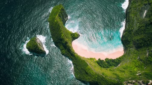 Mountain Rainforest By the Ocean with Golden Sandy Beach Kelingking Clear Sea Waves Wash Nusa Penida