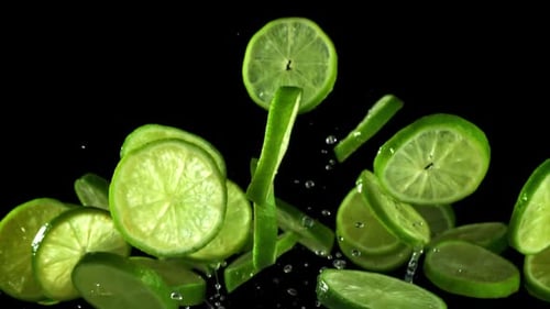 Slices of lime flying on black background