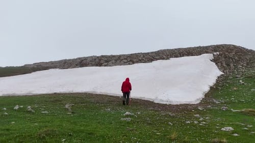 Adult Hiker Walking up Grassy Hill in Summer