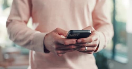 Home, hands and man with cellphone, typing and social media with digital app for communication