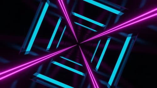 Cyan And Pink Neon Glowing Glossed Square Tunnel Background Vj Loop In 4K