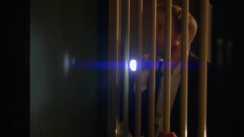 Man Behind Bars Holding a Flashlight at Night