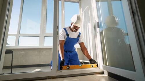 Techniker verwendet Nivellierwerkzeug für präzise Fenstermontage