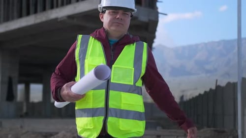 Foreman businessman in helmet walking inspecting building construction site with blueprints