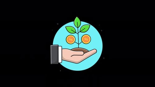 Animated Hand Holding a Growing Money Plant with Coins