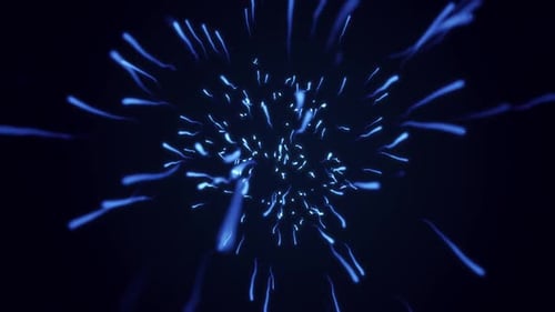 Energetic blue light streaks flying through dark space tunnel