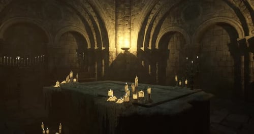 Ancient Stone Crypt with Flickering Candles