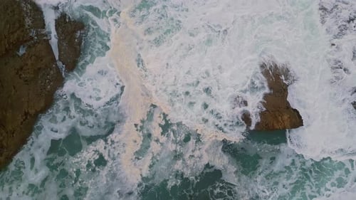 Drone Ocean Waves Hitting Wild Volcanic Shore Aerial View Scenic Coastline