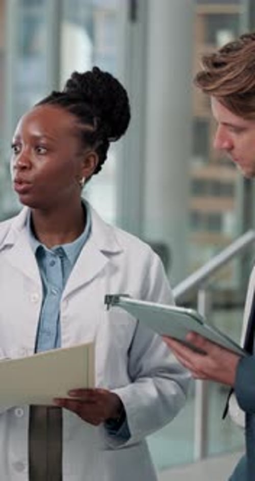 Healthcare, meeting or tablet with doctor and administrator in hospital together for review