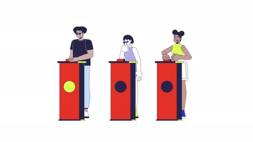 Animated People Pressing Buzzers at Game Show Podiums
