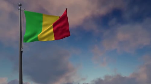 Realistic Mali Flag Waving on Flagpole Against Cloudy Sky
