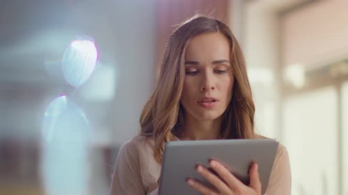 Portrait of Thoughtful Businesswoman Using Tablet Computer at Remote Place. Close Up