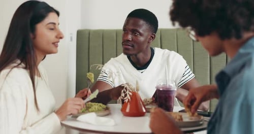 Man, friends and conversation at lunch, restaurant or happy for memory, story or gossip on break