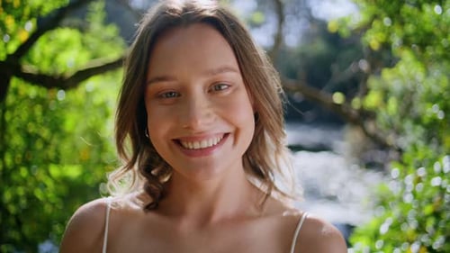 Portrait Smiling Woman Park Looking Camera Happily Happy Girl Enjoying Moment
