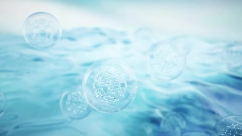 Molecular Structure Cells Floating in Abstract Blue Fluid