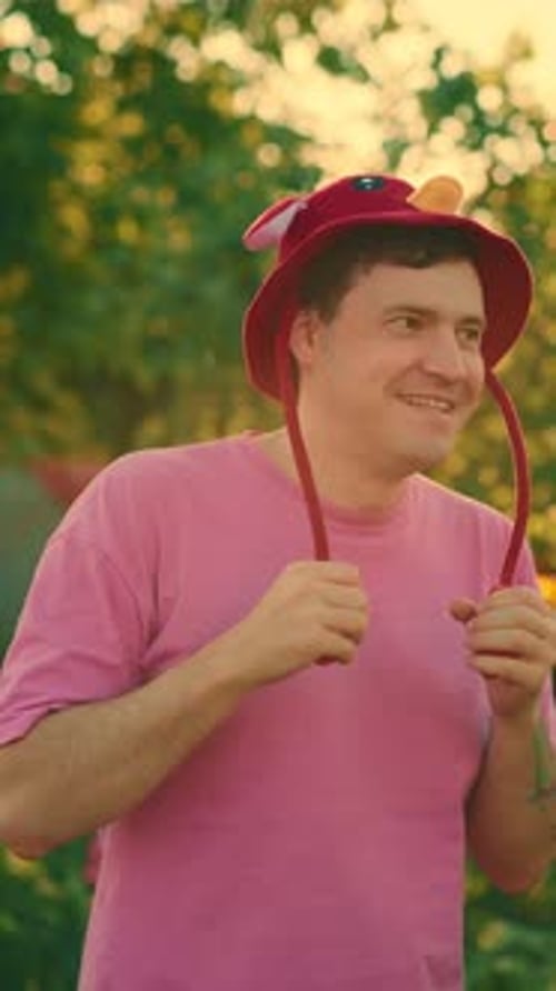 A Man Dressed in a Pink Tshirt Poses with a Smile Wearing a Funny Cartoon Hat Bright Greenery
